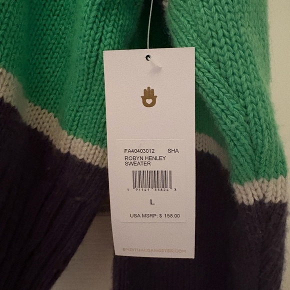 Spiritual Gangster V-Neck Sweater in Navy and Green - Picture 2 of 6